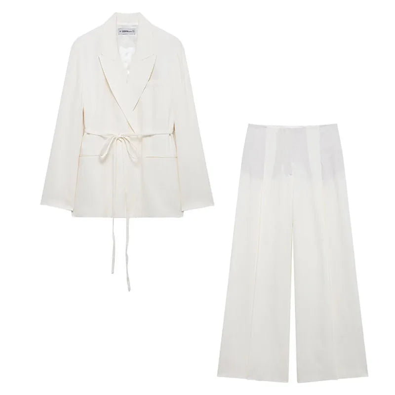 طقم نسائي ربيعي أنيق من HH، يتكون من سترة بيضاء بياقة مطوية وأكمام طويلة وأربطة + بنطلون طويل بسحاب وخصر مرتفع.