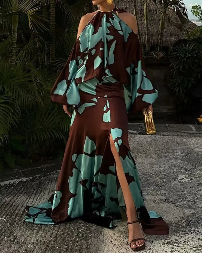 2025 Women's Fashion Temperament Elegant Vacation Style Printed Off Shoulder Slit Comfortable Casual Commuting Party Dress