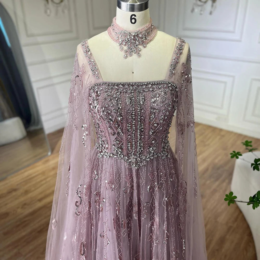 Serene Hill 2025 Arabic Nude A Line Cape Sleeve Crystal Beaded Luxury Evening Dresses Gowns Formal Occasion Customize BLA72764