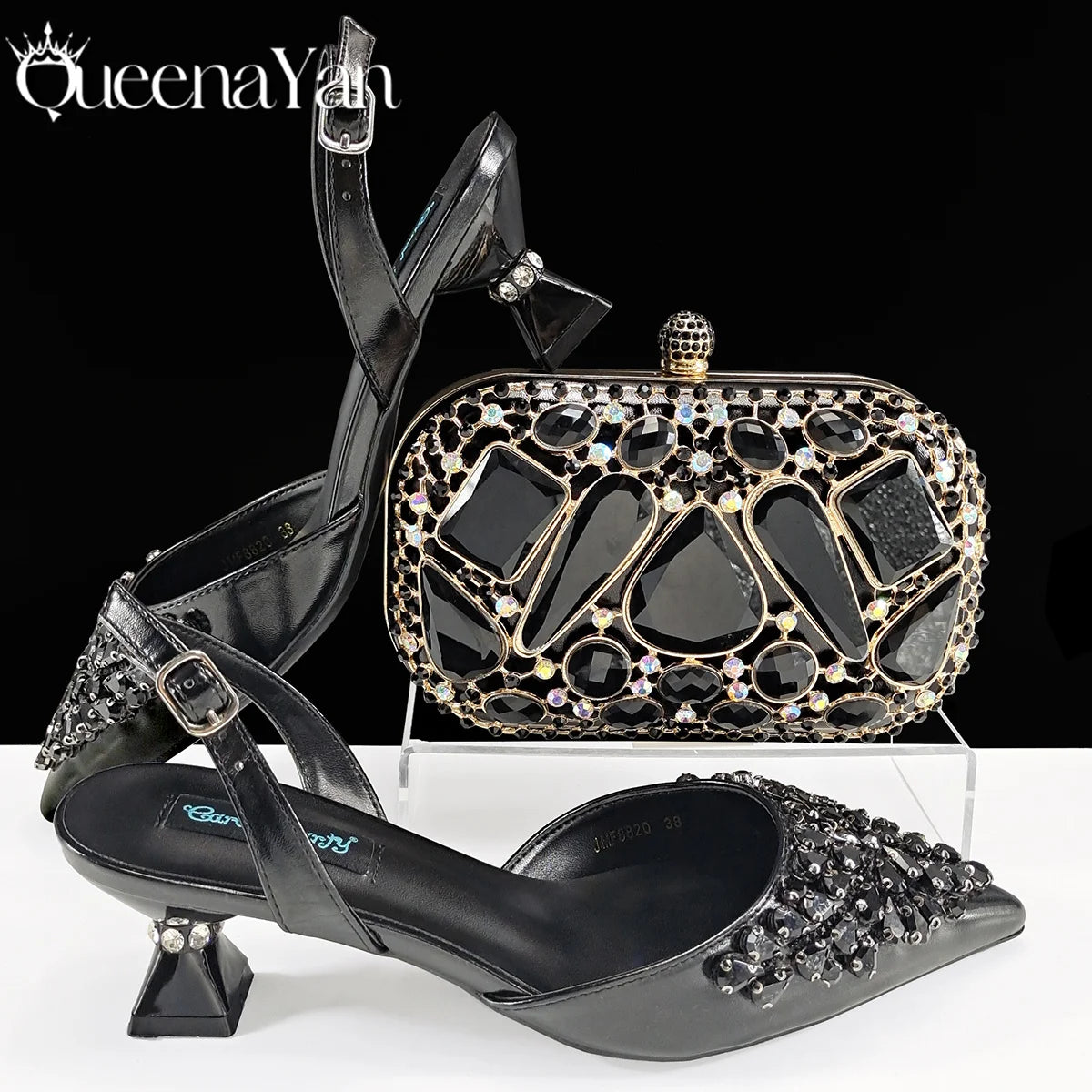 Queena Yan Italian shoes and handbags accessory set with rhinestone metal embellishments Wedding shoes Bridal shoes Designer