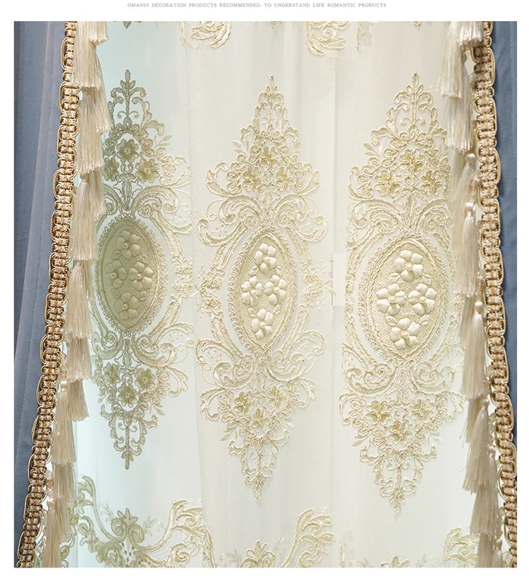 ستائر أوروبية فاخرة حديثة لغرفة المعيشة وغرفة النوم، ستارة زرقاء مخملية مزخرفة بشراشيب، ستارة مسطحة مطرزة من التول حسب الطلب