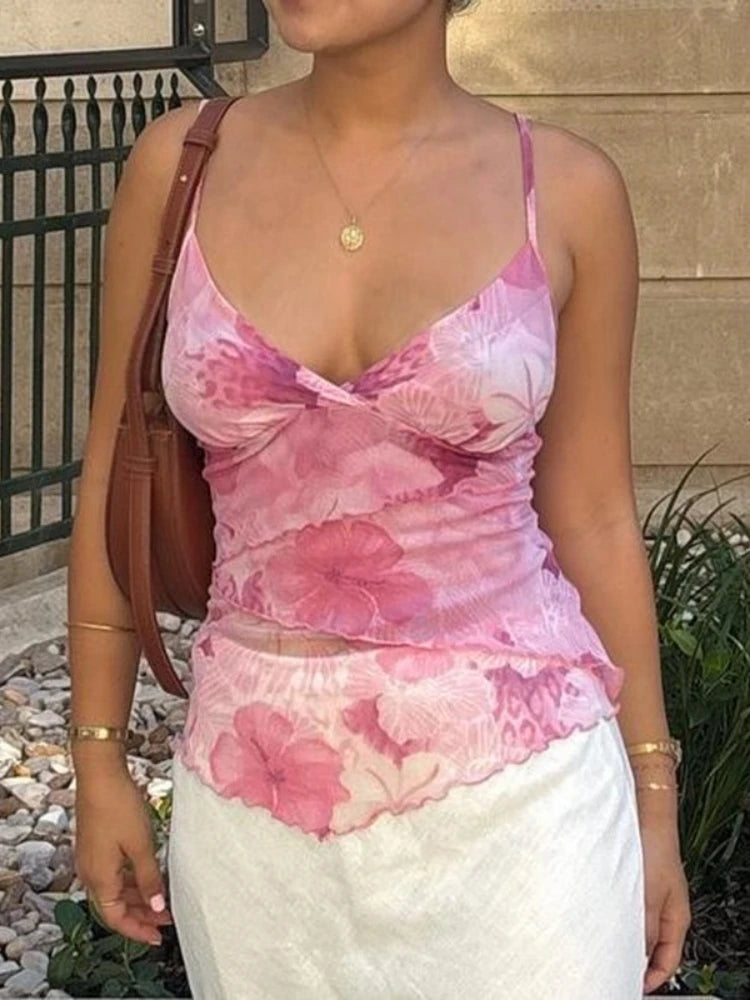 Floral Print Sexy Tops For Women Fashion Edgy Clothes Y2k Accessories Spaghetti Strap Crop Top Chiffon Camison Verano Ropa Mujer SwiftNest