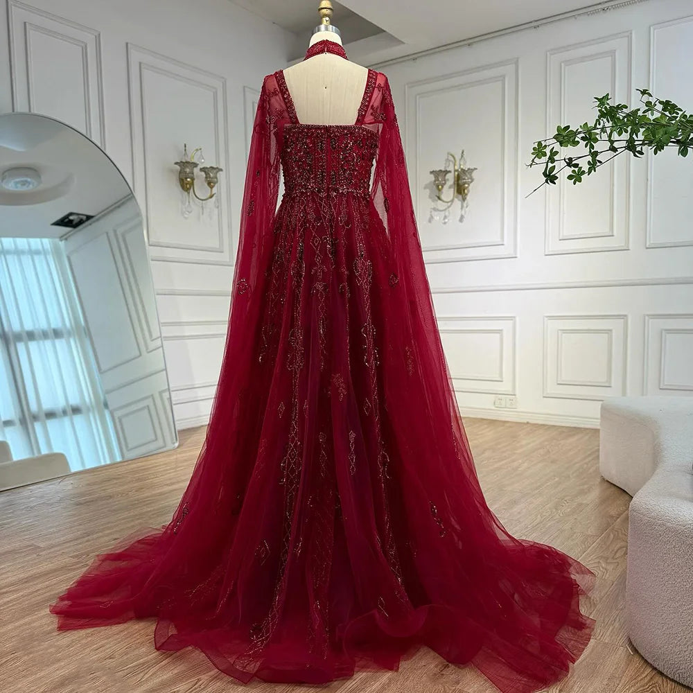 Serene Hill 2025 Arabic Nude A Line Cape Sleeve Crystal Beaded Luxury Evening Dresses Gowns Formal Occasion Customize BLA72764