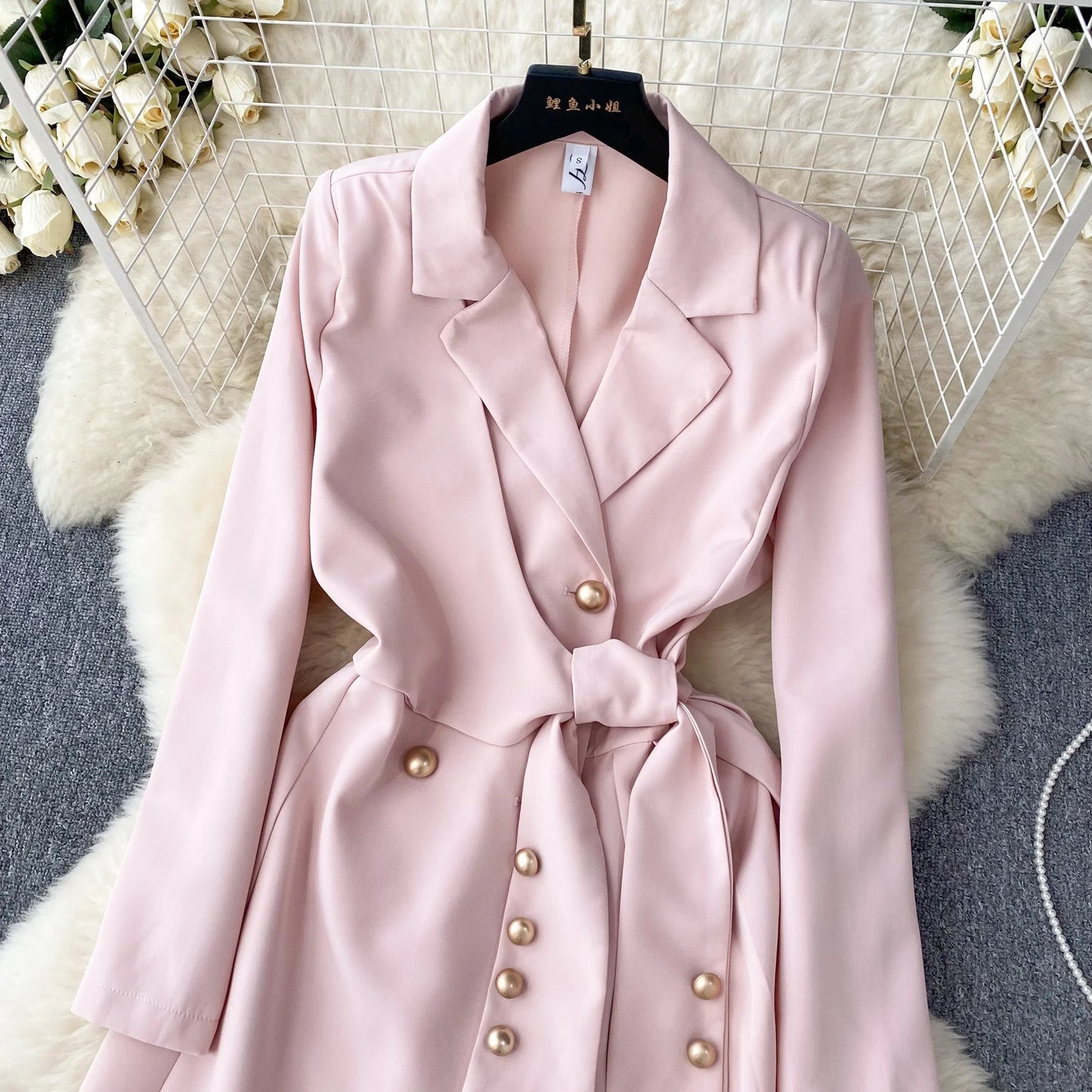 Women's Fashion Trendy Office Coat Dress Ladies Age Reduce Suit Collar Strap Tight Fit Short Pleated Long Sleeve Dress Coat