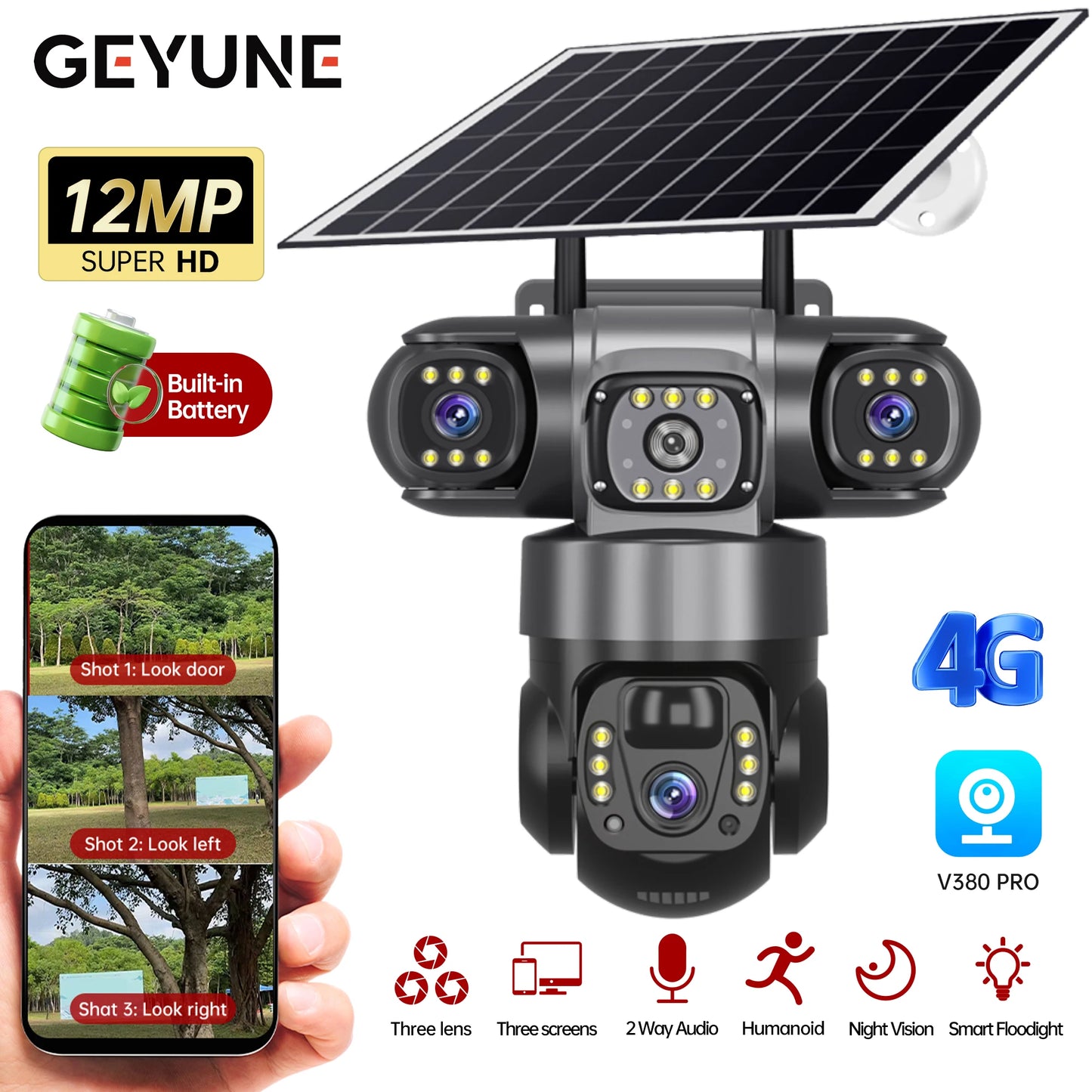 V380 Pro Solar Camera 4G SIM Outdoor 3 Lens Three Screens Webcam PIR Human Detect CCTV Security Video Battery PTZ IP Camara