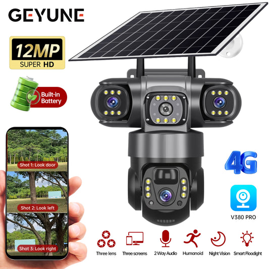 V380 Pro Solar Camera 4G SIM Outdoor 3 Lens Three Screens Webcam PIR Human Detect CCTV Security Video Battery PTZ IP Camara