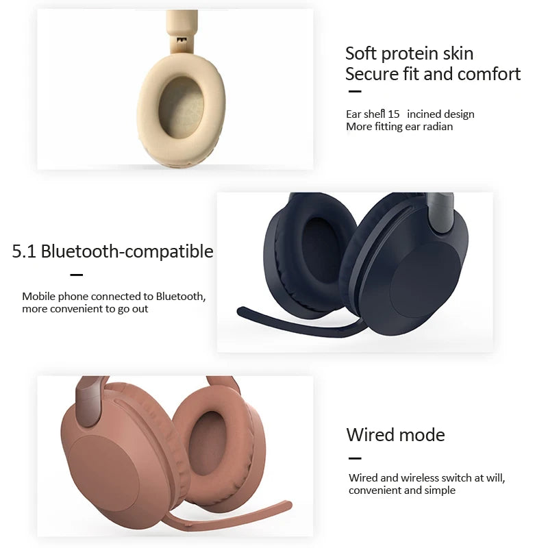 Wireless Bluetooth-Compatible Headset  Eearphone with Mic Hands-free HIFI Stereo BT5.1 Over-Ear Headphone for Call and Music