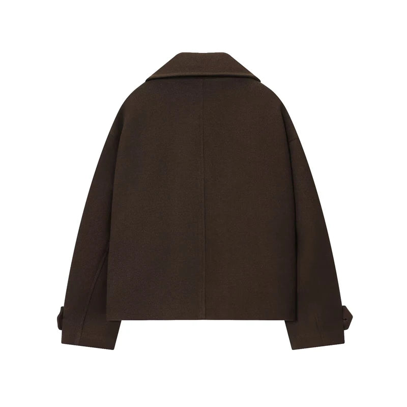 2025 Autumn Women's Urban Fashion Classic Dark Brown Double-Breasted Short Coat