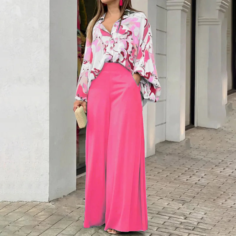 Fashion Casual Set Women 2024 Tops Shirt Elegant Wide Leg Pants Set Sense Of Design Printed Bell Sleeve Shirt Wide Leg Pants SwiftNest