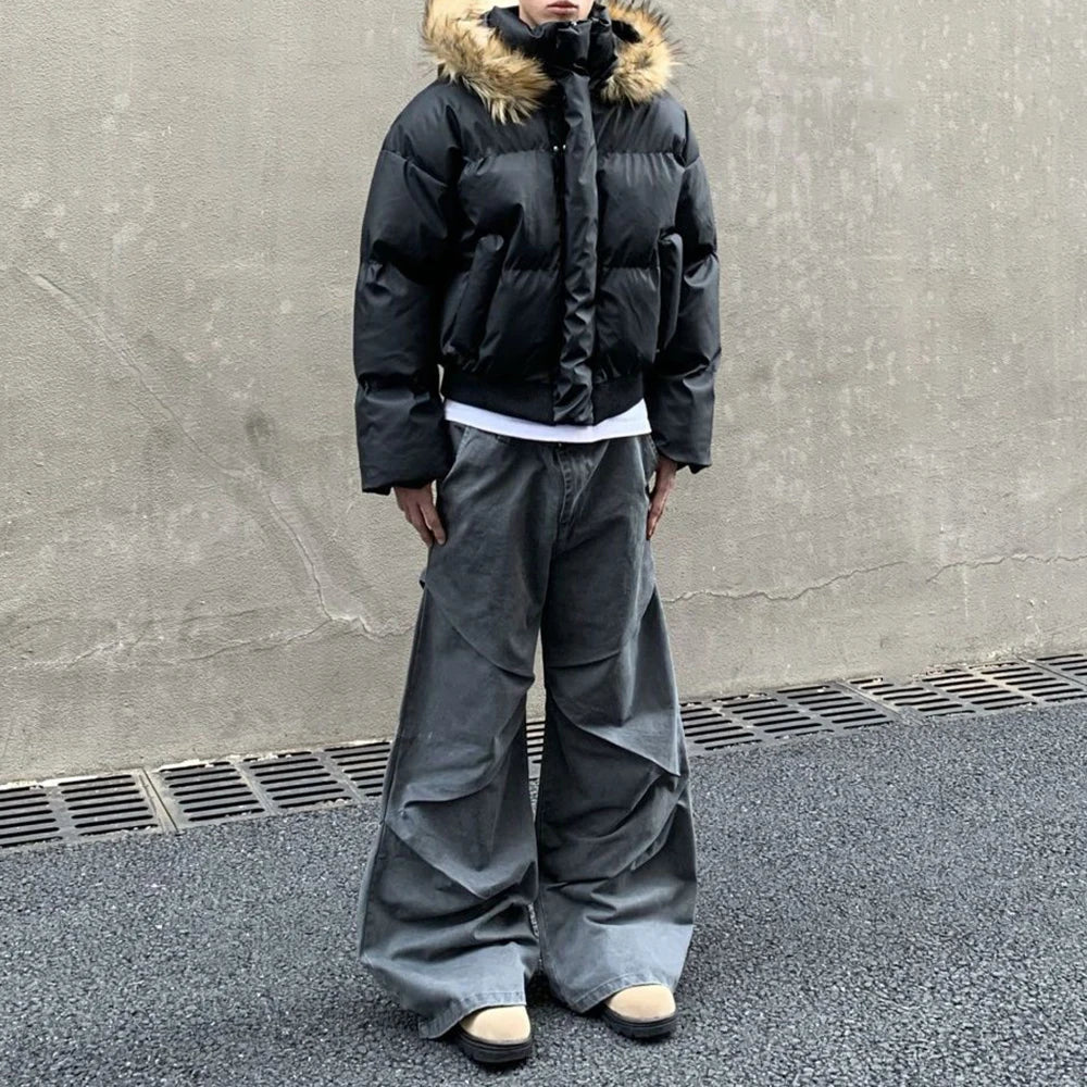 معطف رجالي من القطن بياقة من الفرو وغطاء للرأس لفصل الخريف والشتاء، معطف سميك أمريكي متقدم، جاكيت قصير للرجال من Y2K