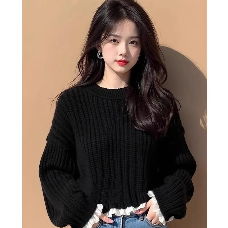 Women's Clothing Fashion Sweet Splicing Fake Two Sweaters Autumn Winter New Elegant Solid Folds Side Sweaters Lady O-neck Tops