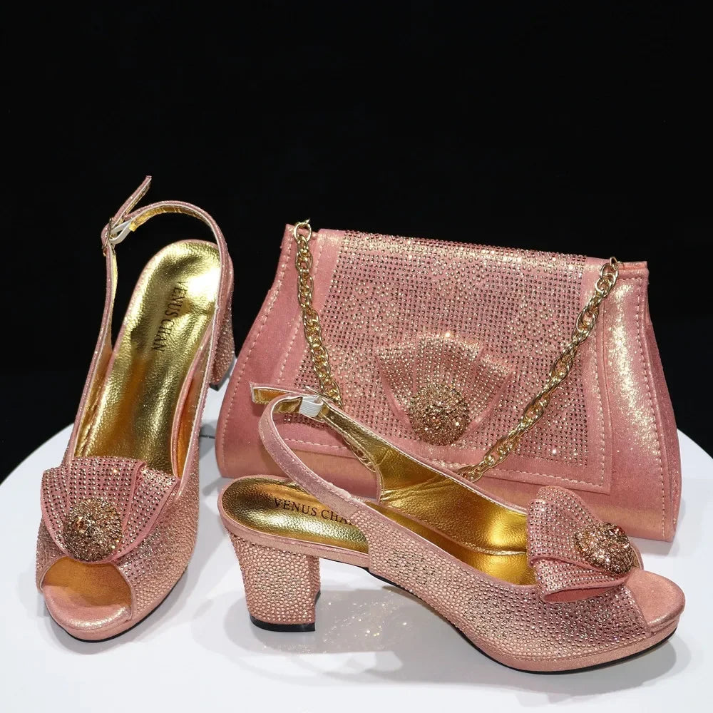 Venus Chan 2024 Italian Design Girly Style Golden Color Wedding Shoes And Bag Full Diamond Decoration Metal Closure Bags