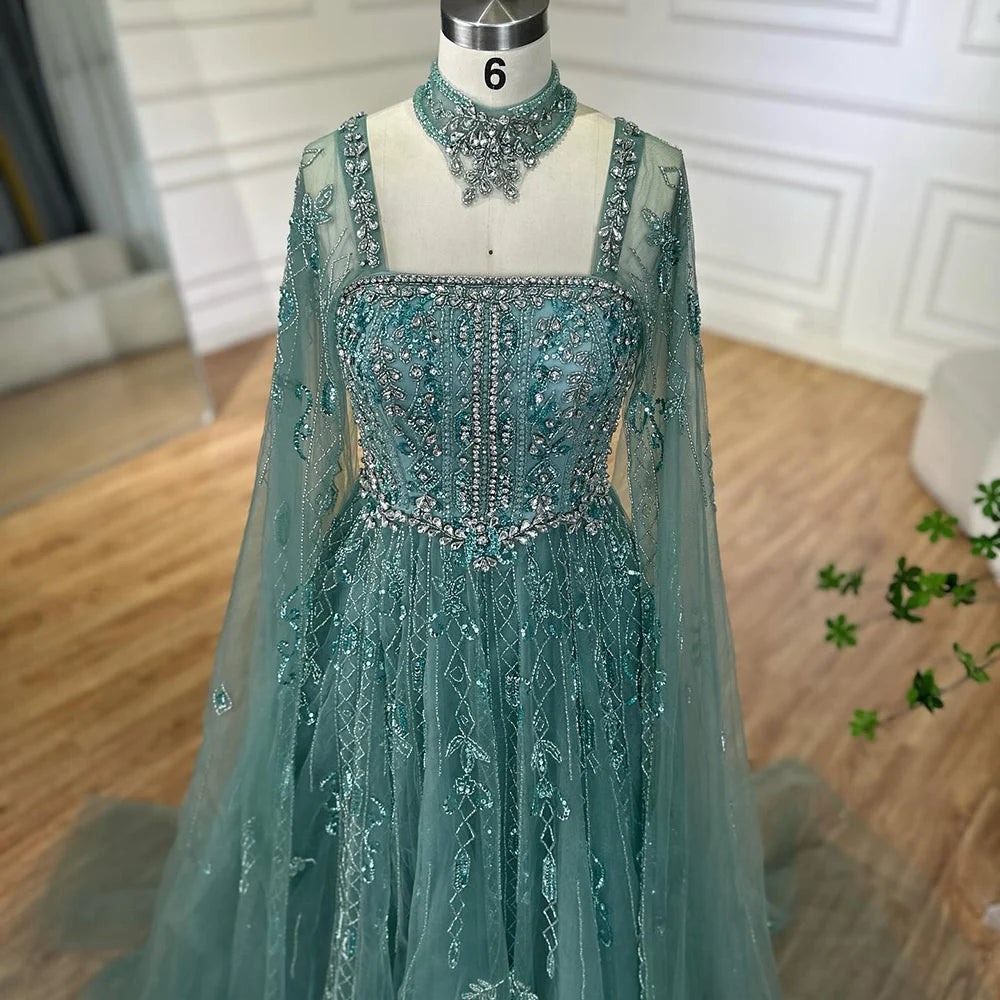 Serene Hill 2025 Arabic Nude A Line Cape Sleeve Crystal Beaded Luxury Evening Dresses Gowns Formal Occasion Customize BLA72764