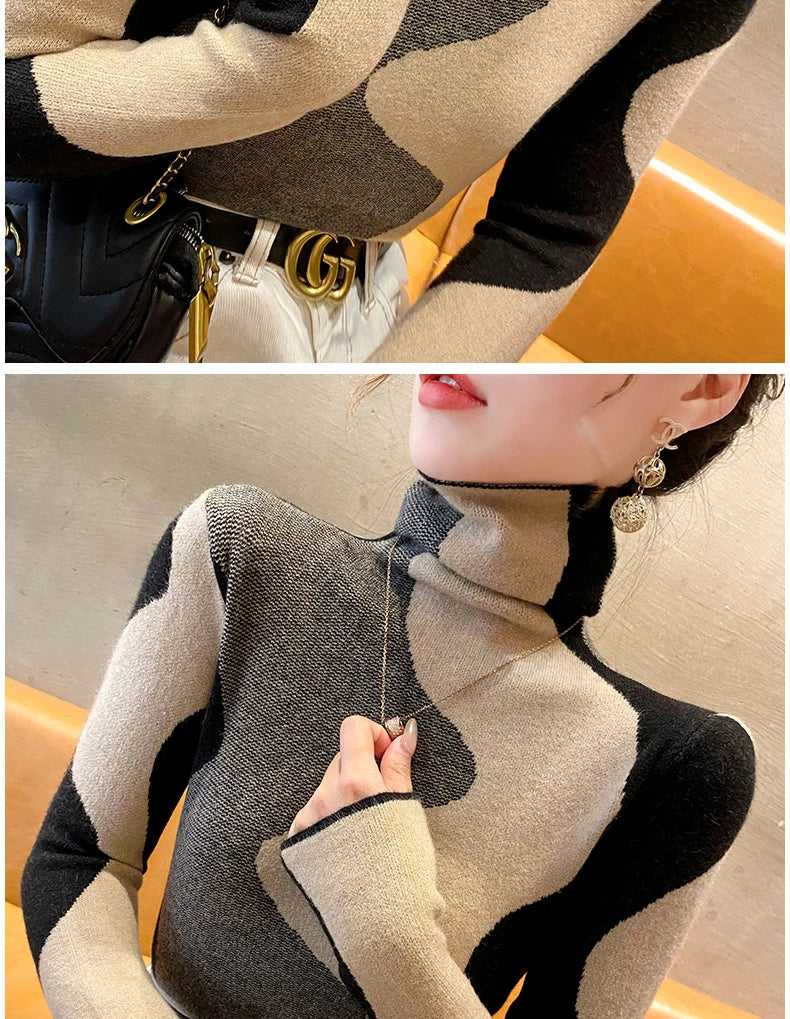 Women Clothing Vintage Fashion Slim Turtleneck Sweaters Autumn Winter Elegant Chic Patchwork Knit Pullovers Office Lady Tops