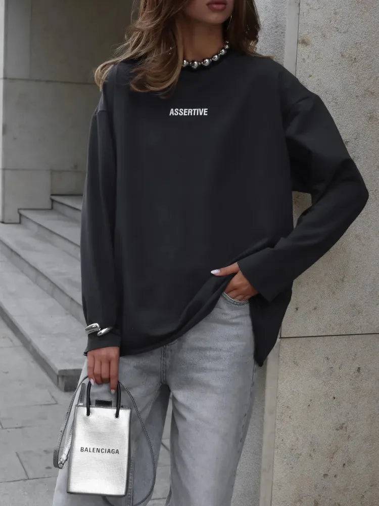 Women's Clothing Spring Loose Solid Color Round Neck Long Sleeve Tops Casual Fashion Simple Style All-match Trendy Comfortable