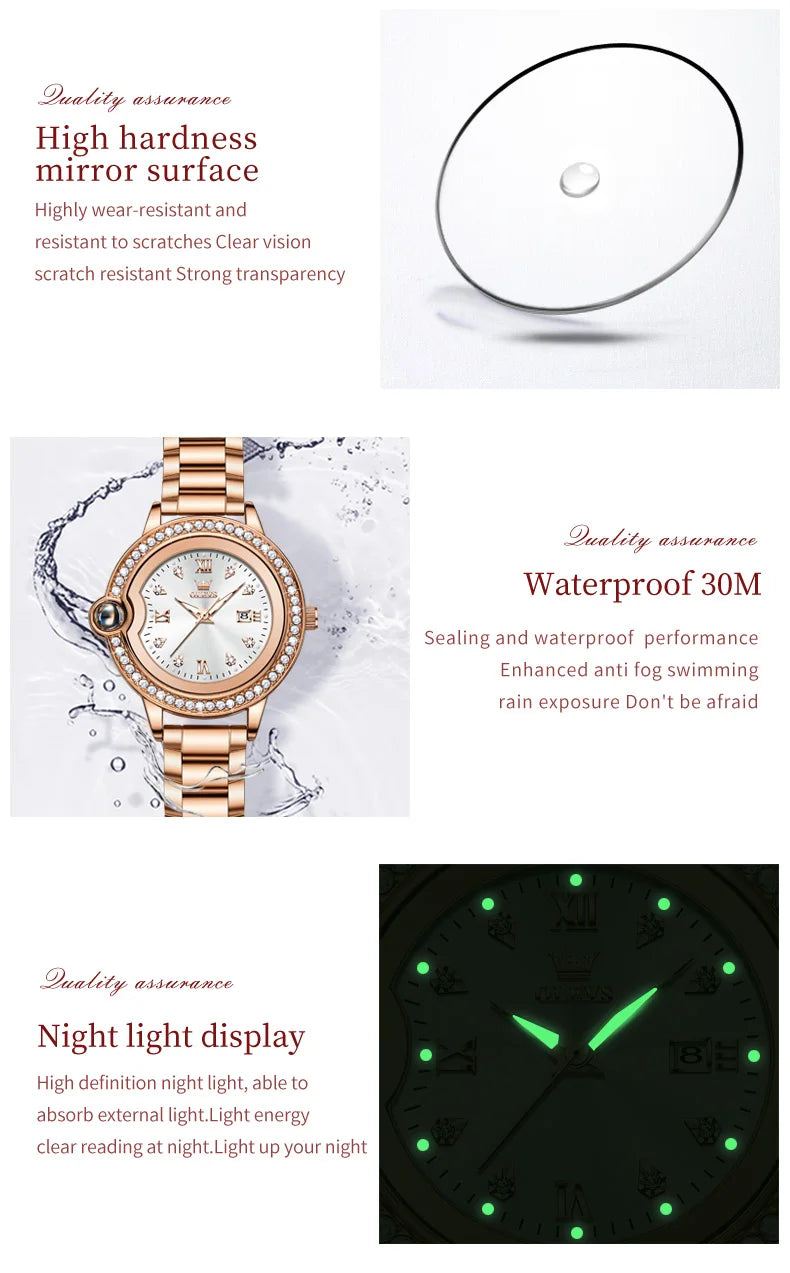 OLEVS 5588 Women's Watches Original Luxury Quartz Ladies Watch Diamond Bezel Wristwatch Waterproof Automatic Date Reloj Mujer SwiftNest