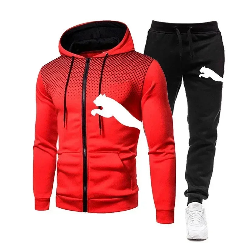 The features of men's outdoor casual sportswear are fashionable, with hooded zippered jackets, sweatshirts and sportswear pants
