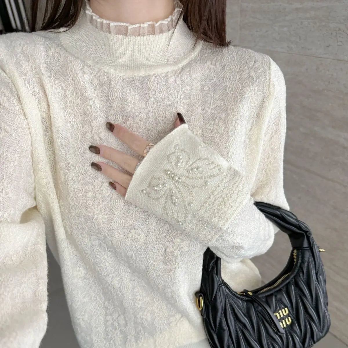 Women Clothes Autumn Winter Fashion Simplicity Lace Patchwork Knitting Half High Collar Female Solid Color Temperament Bottoming SwiftNest