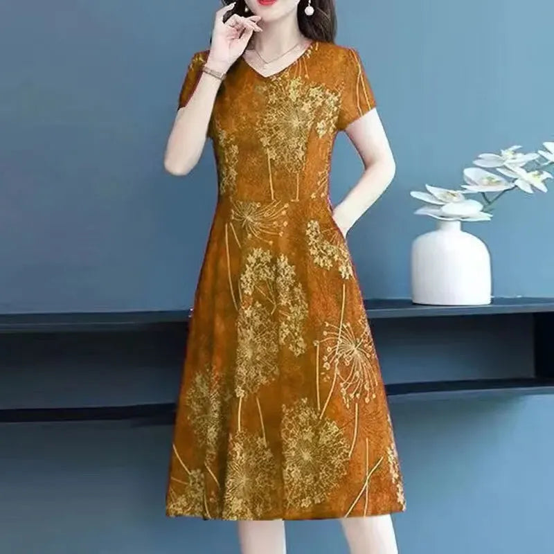 Women's Clothing Fashion Short Sleeve Midi Dress Vintage Printed 2025 Summer A-Line Waist Commute Elegant V-Neck Spliced Dresses SwiftNest
