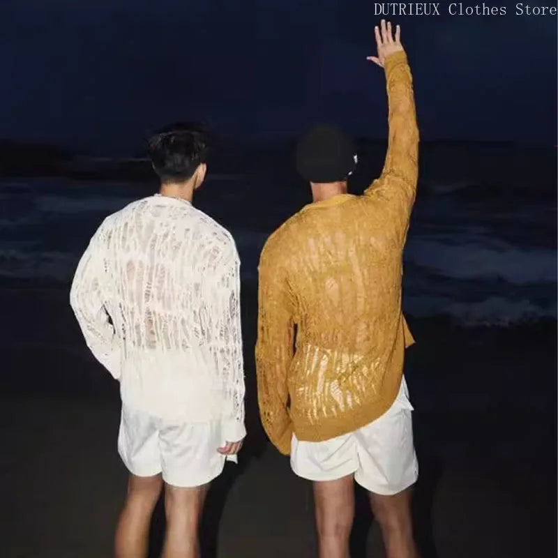 【 Fashion Items 】 Men's Laid-back Style Openwork Long-sleeved T-shirt , See-through Tattered Style Long-sleeved Knitted Sweater