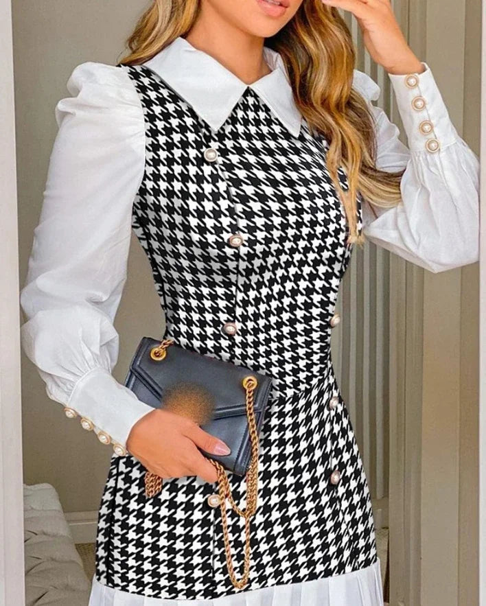 Womens Dresses 2024 Spring Fashion Houndstooth Button Decor Puff Sleeve Ruffle Hem Elegant Turn-Down Collar Daily A Line Dress SwiftNest