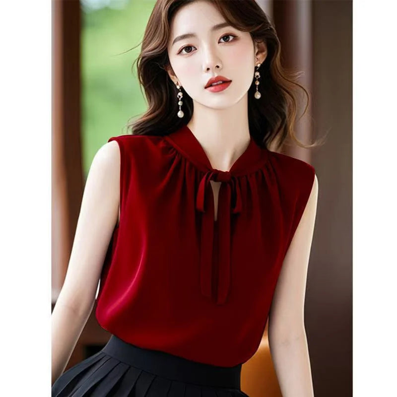 French Women Fashion Chiffon Blousees Vest Summer Ladies Bow Blouse Waistcoat High-grade Female Solid Color Sleeveless Shirts
