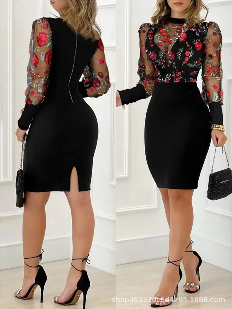 Women Elegant Frint Dress Fashion Long Sleeveo Neck High Waist Package Hip Dresses For Female Holiday Office Women's Clothing SwiftNest