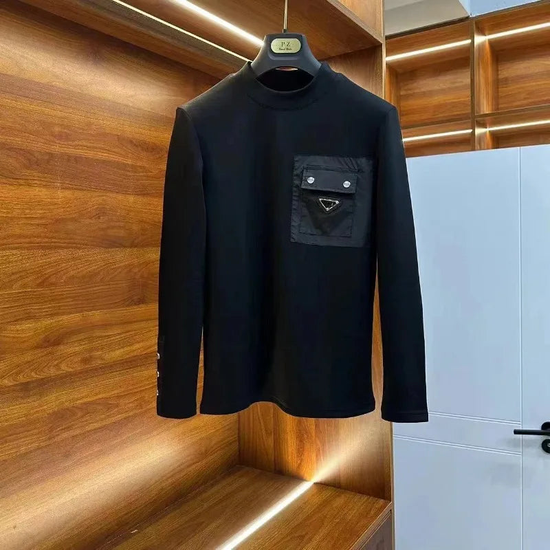 Fashion 2025 Men's Autumn Round Neck Long-sleeved T-shirt Versatile Fashion Black Personalized Base Shirt