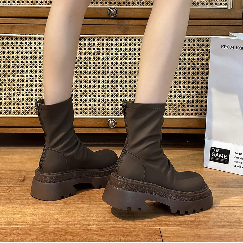 Platform Heel Women Short Booties Fashion Back Zippers Ankle Booties Retro Style Autumn Winter Female Shoes