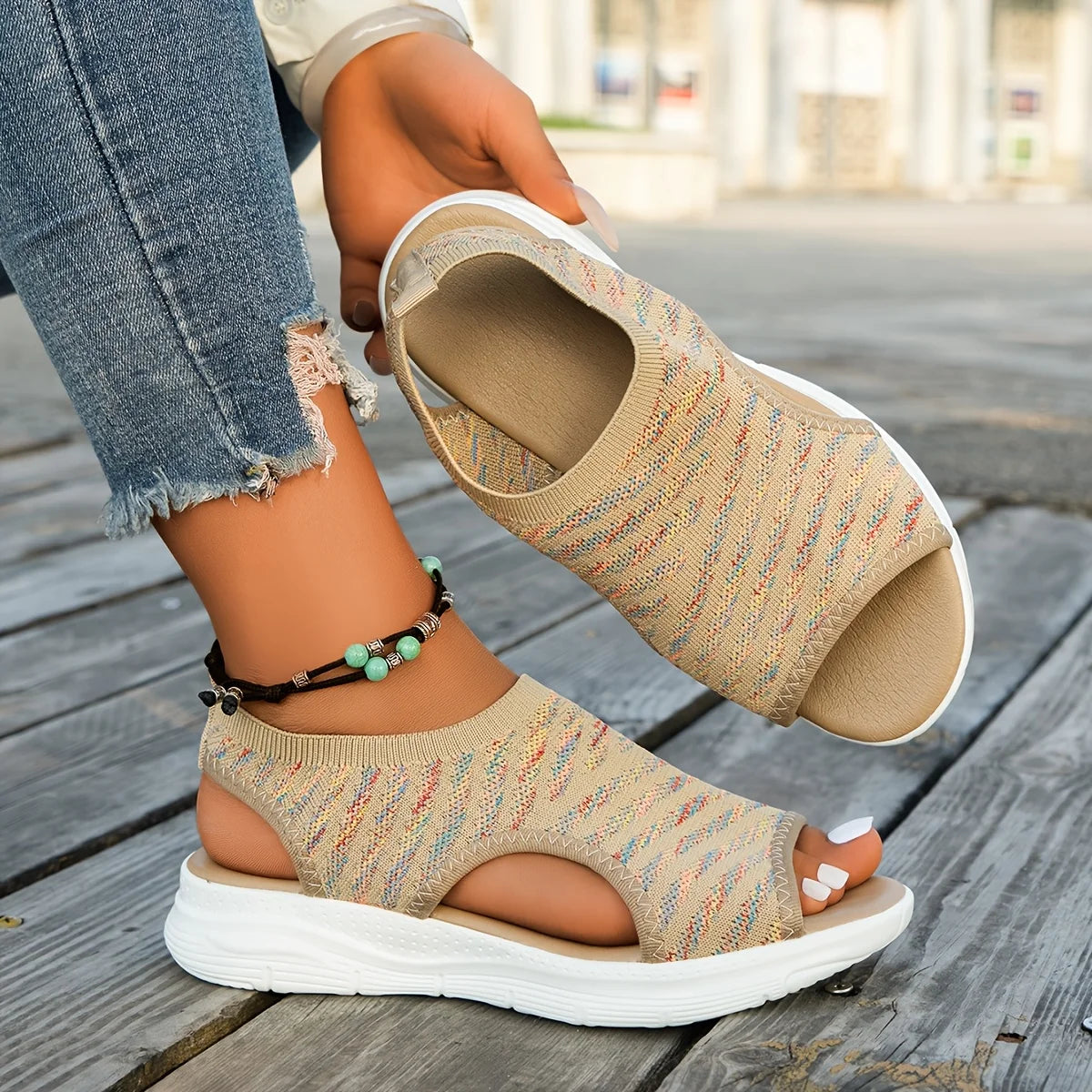 Summer 2024 Flat Bottom Roman Sandals Casual Knitting Comfortable Ladies Shoes Women's Slip-on Walking Shoes