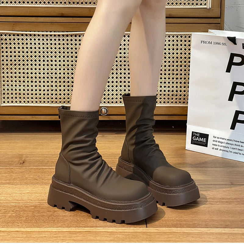 Platform Heel Women Short Booties Fashion Back Zippers Ankle Booties Retro Style Autumn Winter Female Shoes