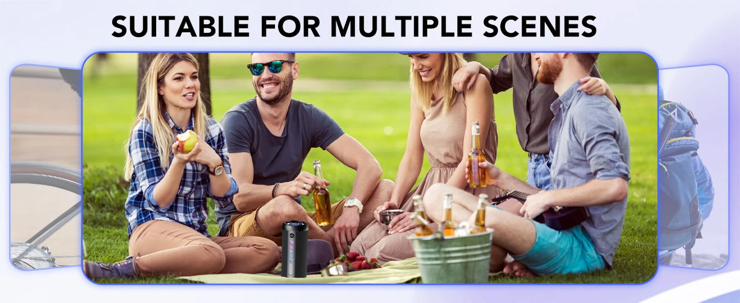 مكبر صوت محمول بتقنية بلوتوث، مكبر صوت بتقنية بلوتوث 5.4، مكبر صوت مزدوج بقوة 30 وات، صوت جهير عميق، مدة تشغيل تصل إلى 30 ساعة، 3 أوضاع معادل صوت، أضواء RGB ملونة