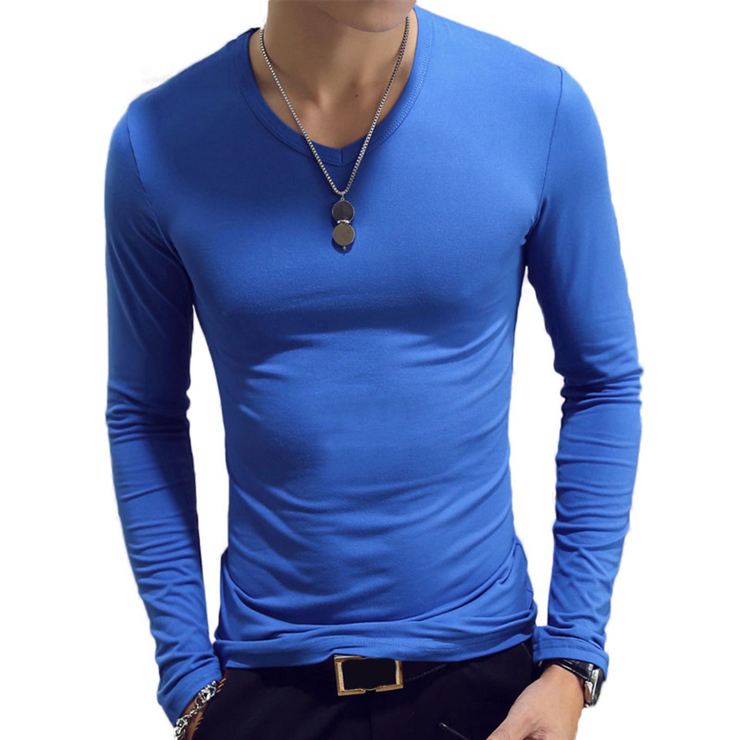Mens Clothing Fashion V Neck Slim Fit T-shirt Long Sleeve Simple Classic Style Undershirt Casual Solid Color Tees Tops