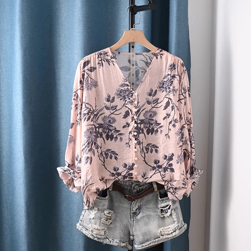 2025 Autumn clothes woman French fashion v neck rose floral print shirts and blouses for women vintage ladies tops