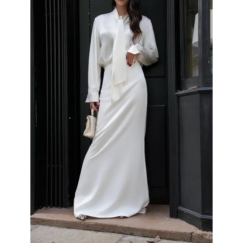 Women's Fashion Trend Sexy Goddess Level Satin Silk Feeling Floor Dragging White Fishtail Skirt Half Skirt Long Sleeved Silk Top