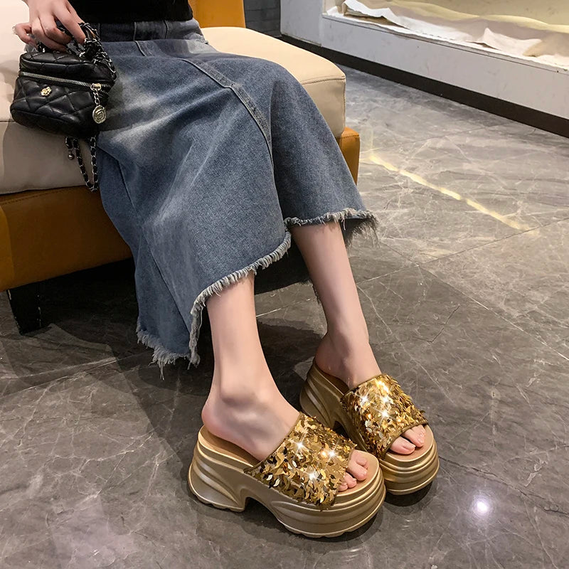 Aphixta Platform Sequined Cloth Sandals Slippers Women 8CM High Wedge Slides Women Shoes Gold Beach Slides Shoes