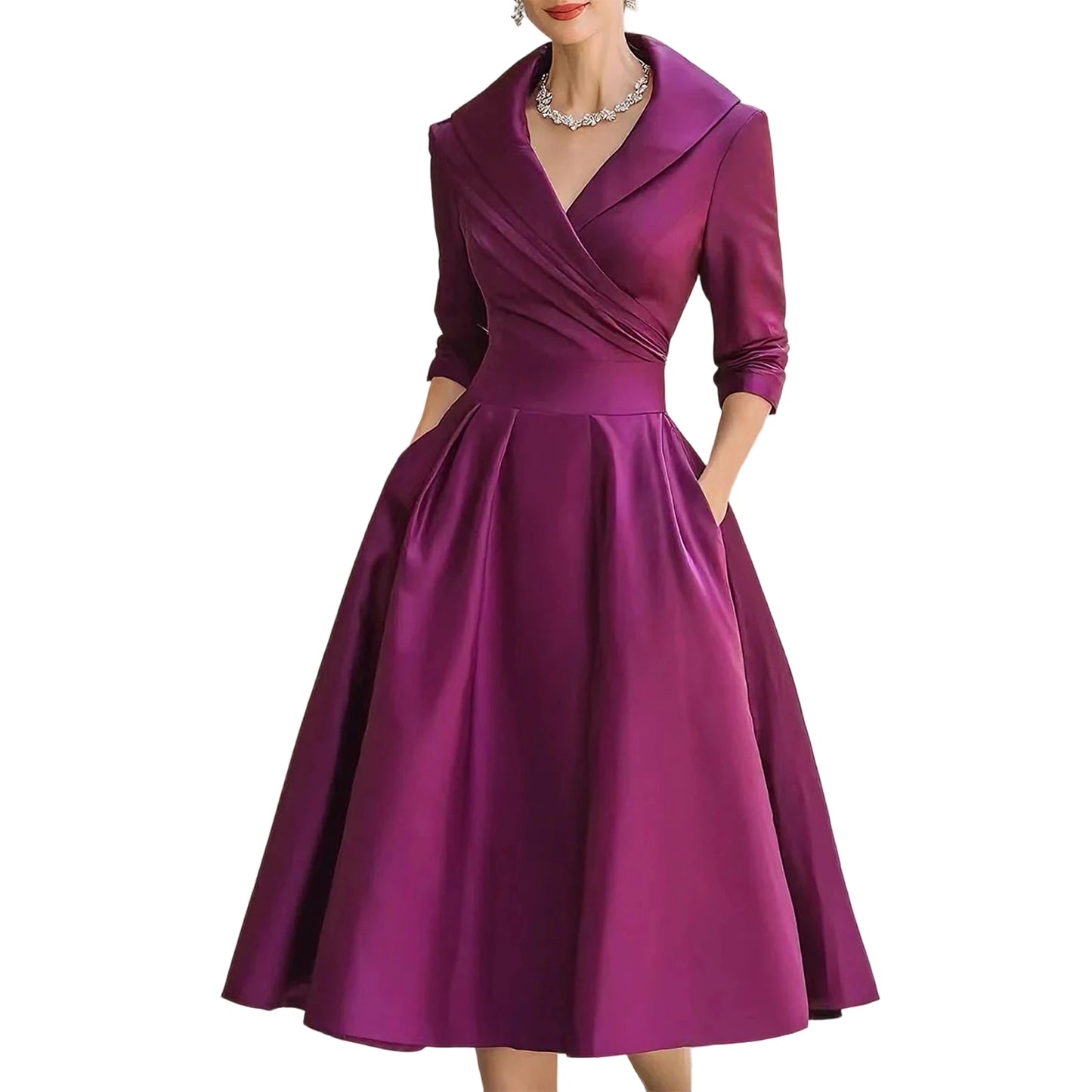 Women's Casual Fashion V-neck Retro Dress Elegant Waist Slimming Long-sleeved Party Dress Solid Color High Waist Commute Dress
