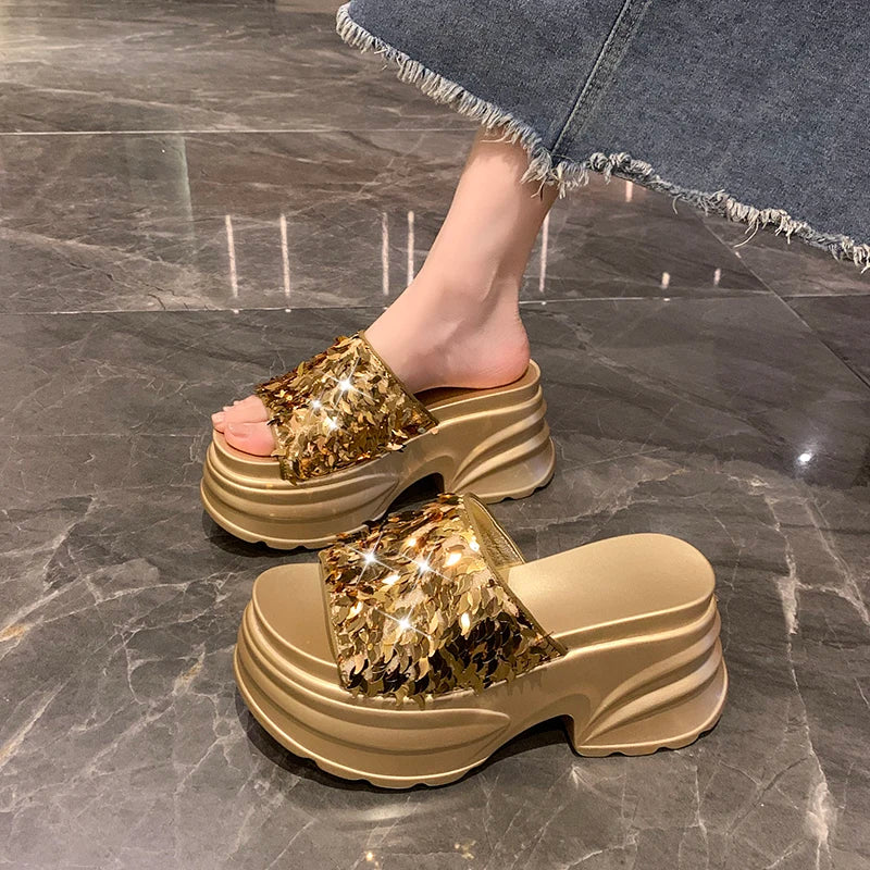 Aphixta Platform Sequined Cloth Sandals Slippers Women 8CM High Wedge Slides Women Shoes Gold Beach Slides Shoes