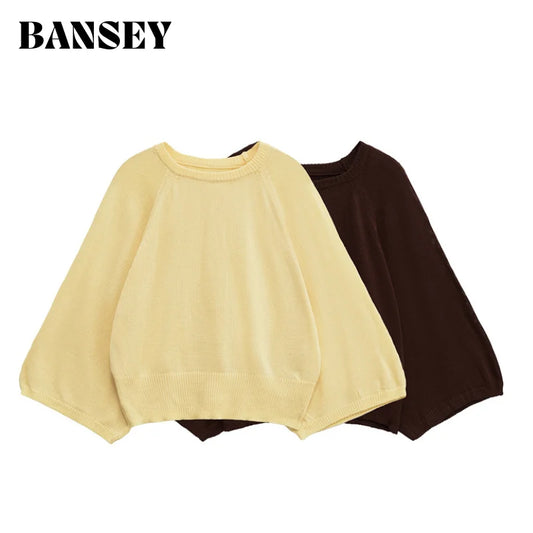 2025 New Women's Casual Fashion Trendy Round Neck Wide Sleeve Comfortable Knitted Sweater Top Yellow Blouse Daily Outlooks