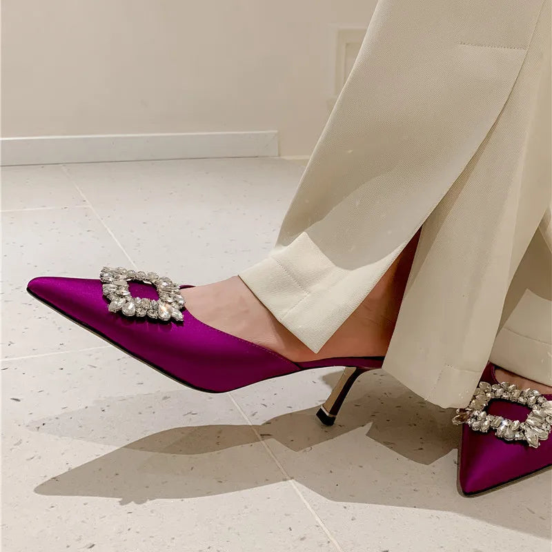 Drestrive 2022 Fashion Mules Crystal Knot Pointed Toe Women's Pumps Thin High Heel Summer Shoes Purple Dress Satin