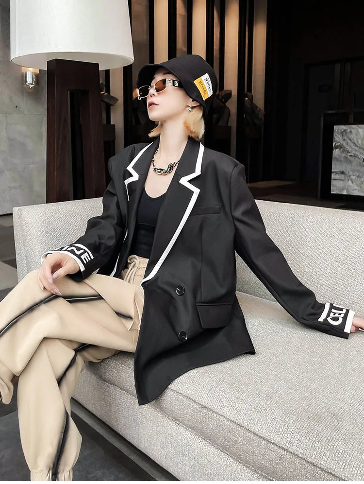 Women Fashion Jacket Wedding Casual Business High Quality Black Blazer Suit Coat Ladies Double Breasted Letter Long Sleeve Tops