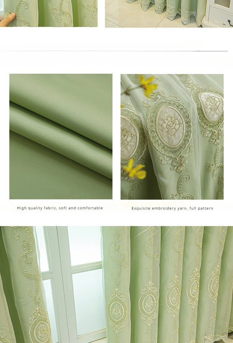 ستائر مخصصة لغرفة المعيشة وغرفة الطعام وغرفة النوم، قماش أوروبي فاخر مزدوج الطبقات مع تطريز متكامل وديكور معتم