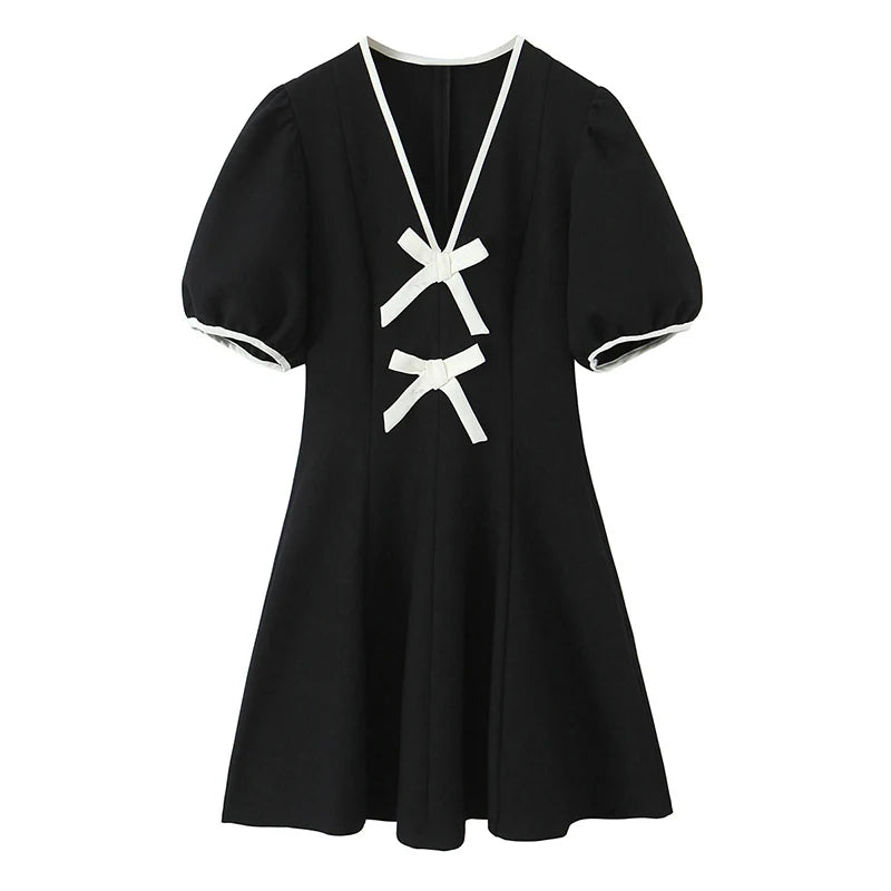 Women Fashion Dress 2025 Women Summer Autumn New Elegant Bow Decoration Short Sleeves Dress Women Hight Street Party Dress