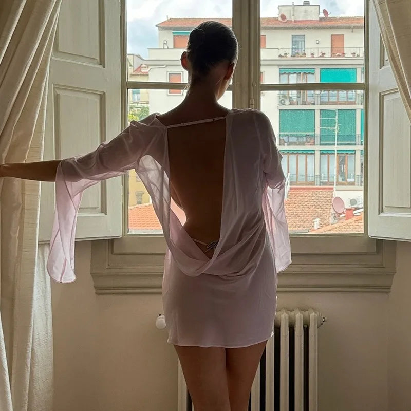 Women Dresses Autumn New Pink See Sexy Through Backless Low Chest Mini Dress Streetwear Fashion Lace-up Long Sleeves Lady Dress SwiftNest