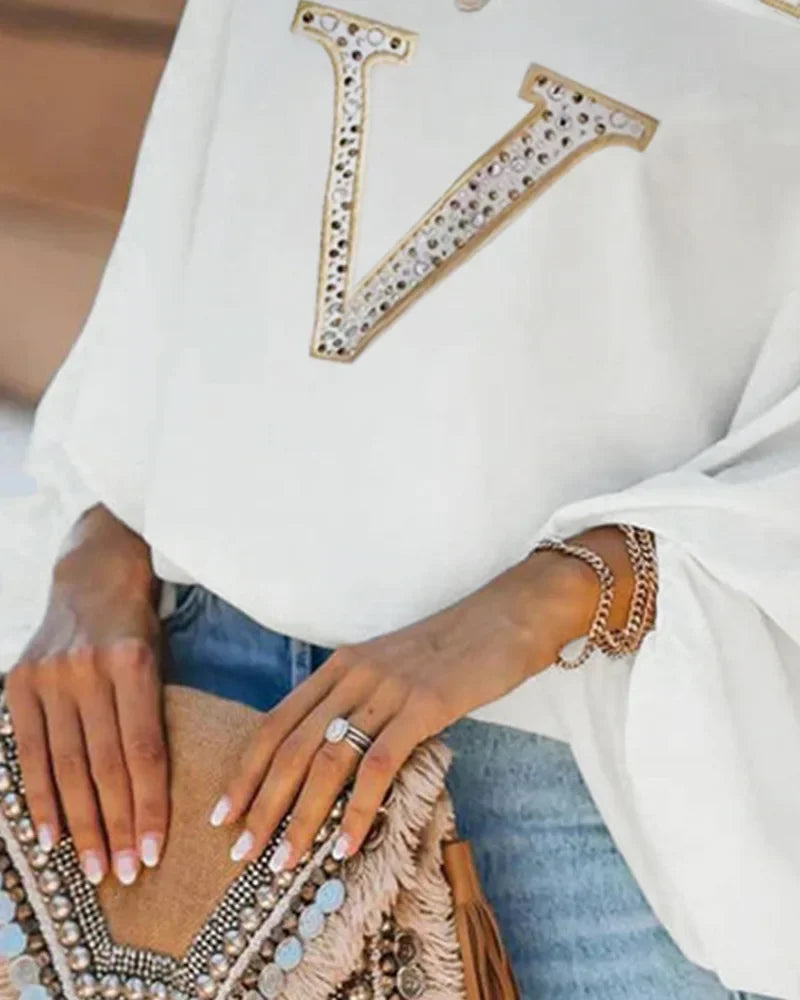 2025 Fall Women Sexy White Skew Collar Fashion T-shirts Daily Wear One Shoulder Rhinestone Letter Long Sleeve Casual Top mujer