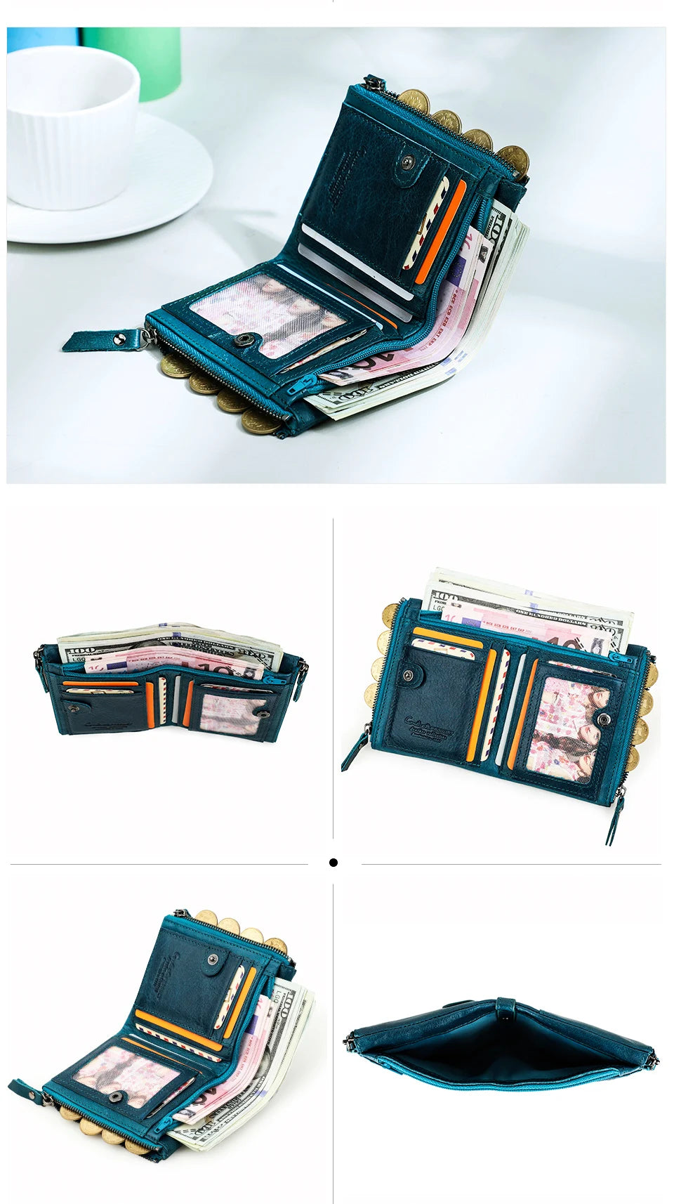 محفظة قصيرة من الجلد الأصلي للنساء من CONTACT'S، حامل بطاقات فاخر بتصميم محفظة عملات معدنية ومشبك نقود ومحفظة صغيرة للنساء والرجال