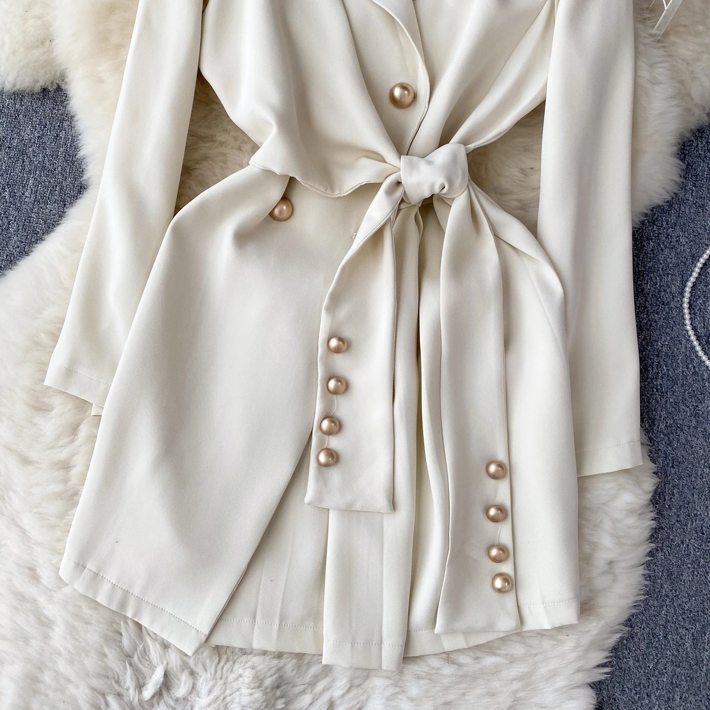 Women's Fashion Trendy Office Coat Dress Ladies Age Reduce Suit Collar Strap Tight Fit Short Pleated Long Sleeve Dress Coat