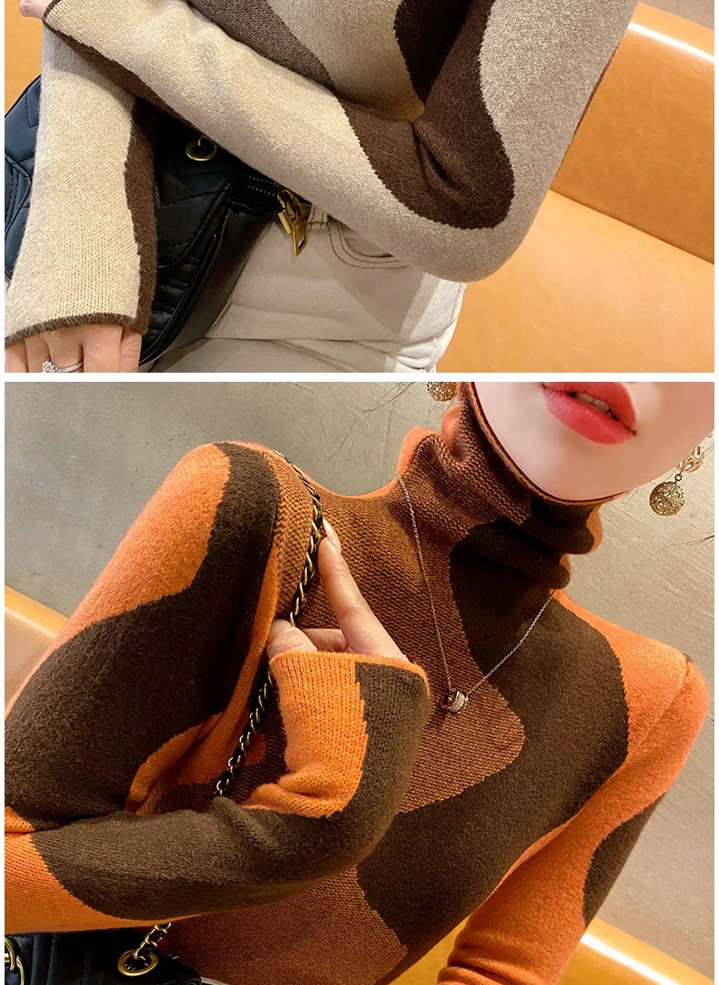 Women Clothing Vintage Fashion Slim Turtleneck Sweaters Autumn Winter Elegant Chic Patchwork Knit Pullovers Office Lady Tops