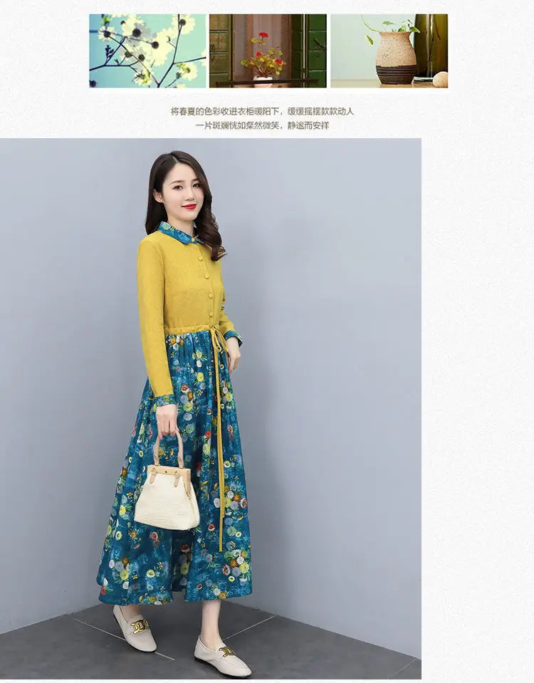 Women's Clothing Casual Printed Dresses Spring Autumn New Single-breasted Fashion Turn-down Collar Commute Drawstring Long Dress