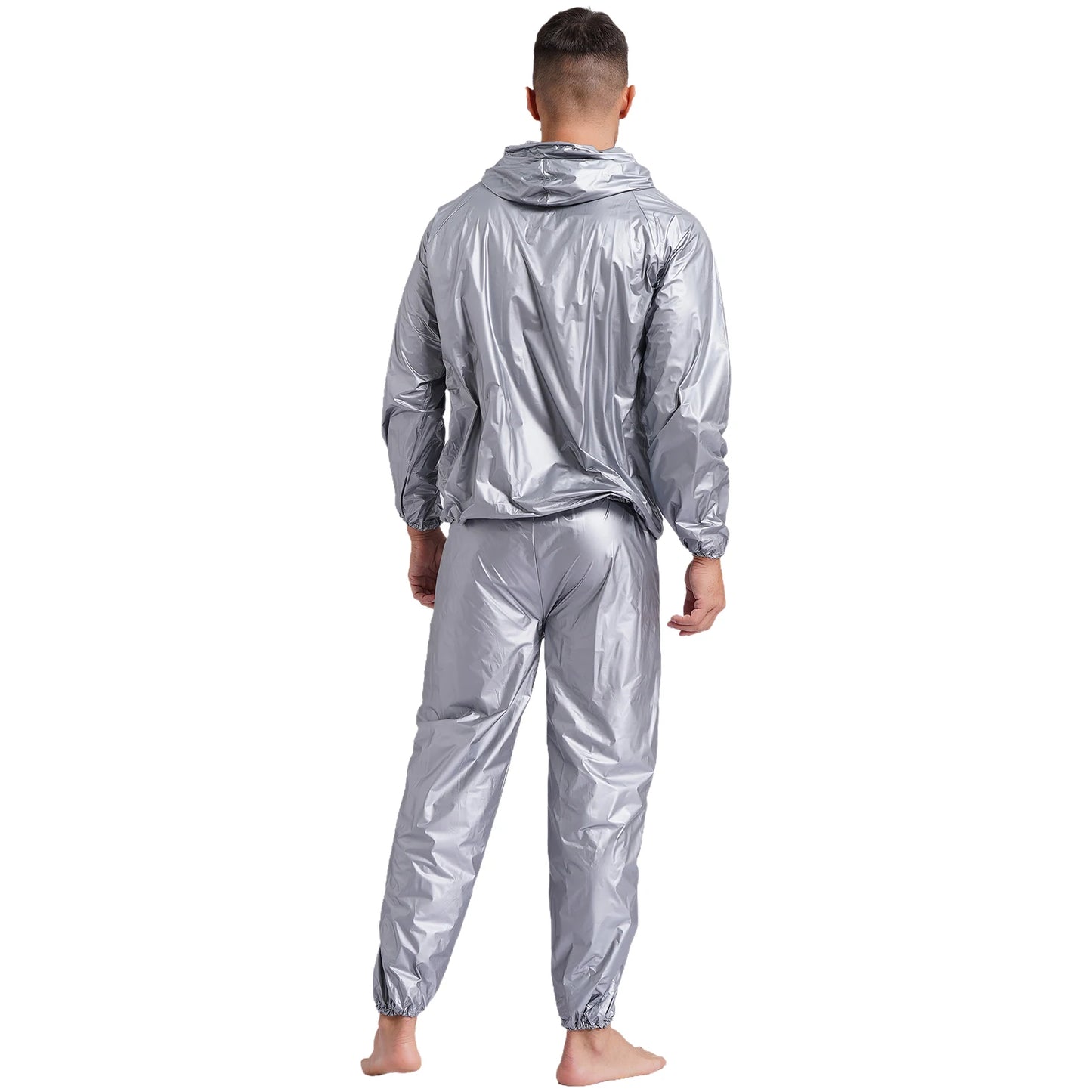 Mens Sports Outfits Sauna Sweat Sets Long Sleeve Hooded Jacket Outerwear and Long Pants PVC Sweating Suit for Gym Workout Yoga
